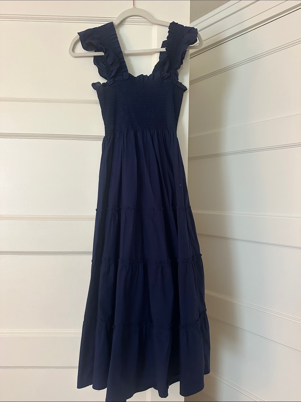 Hill House Navy Ruffle Strap Midi Dress